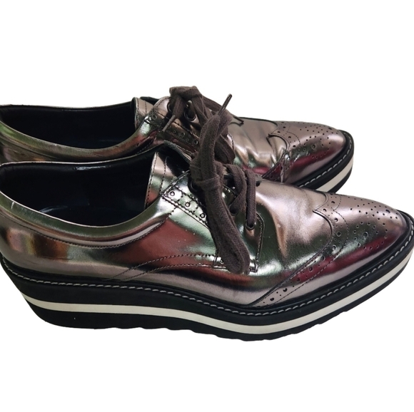 Uterque Gunmetal Metallic Leather Platform Wingtip Loafers Size 39(8.5) - Picture 1 of 6